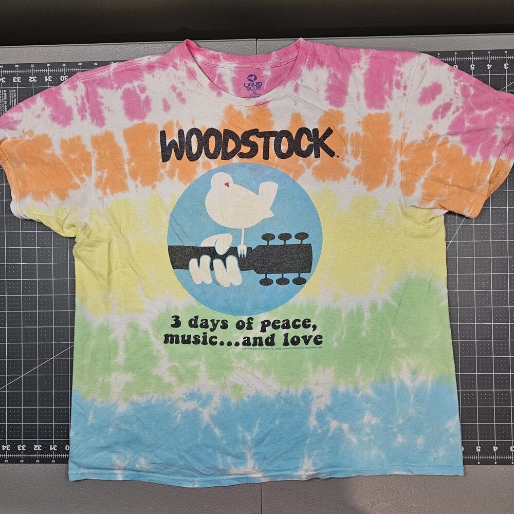 Woodstock Liquid Blue Tshirt Large Tie Dye Hippie Music Festival Y2K Peace Love